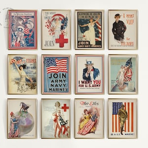 Set van 12 vintage patriottische poster, 4 juli, Uncle Sam-poster, Independence Day, I Want You-poster, poster Amerikaanse soldaten gezocht, USP01