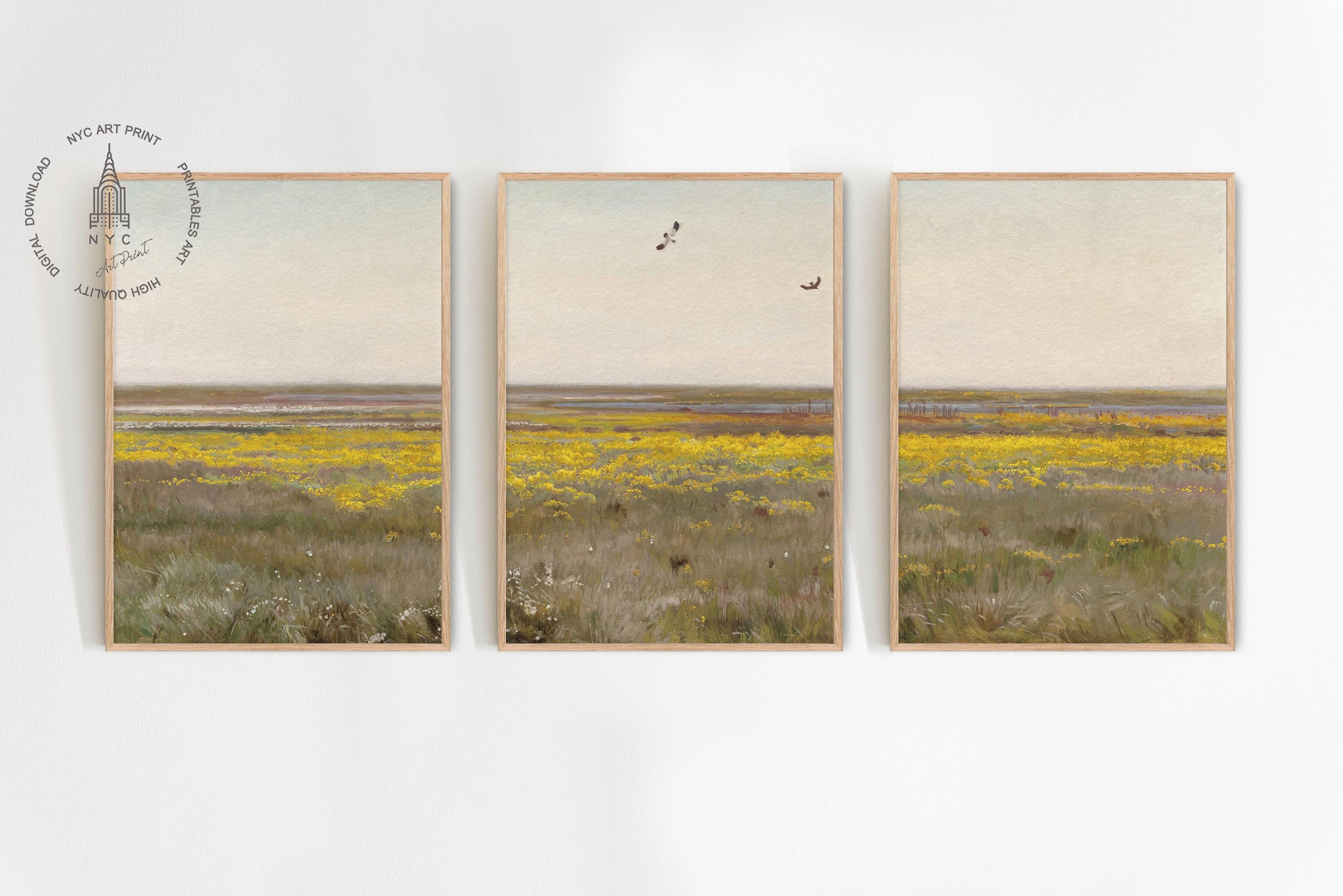 Set of 3 Vintage Wildflower Field Print, Spring Landscape, Meadow Painting, Yellow Flower Field Print, Spring Decor, Antique Oil Painting