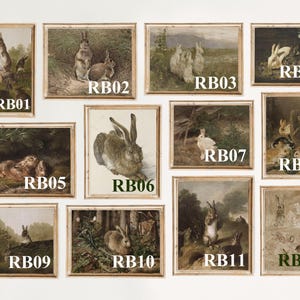 May include: Twelve framed prints of vintage illustrations of rabbits in various poses and settings. The prints are all in a similar style, with a light brown background and a white border. The prints are labeled with the letters "RB" followed by a number from 1 to 12.