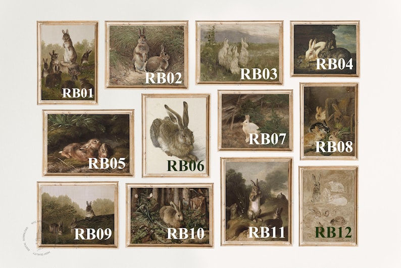 May include: Twelve framed prints of vintage illustrations of rabbits in various poses and settings. The prints are all in a similar style, with a light brown background and a white border. The prints are labeled with the letters "RB" followed by a number from 1 to 12.