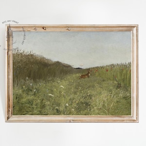 impression de champ de fleurs sauvages vintage, paysage de printemps, peinture de prairie, impression de lièvre, décoration de Pâques, art mural imprimable lapins, lièvre dans la graine
