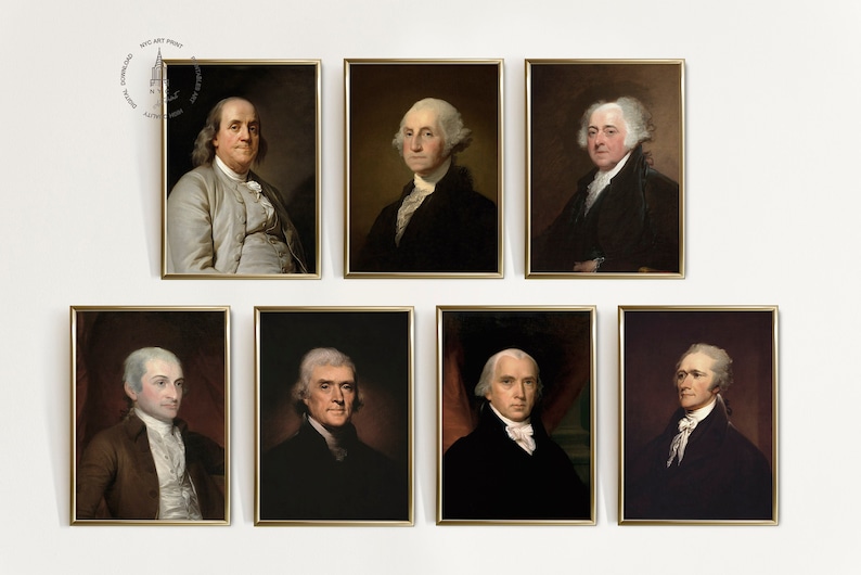May include: A set of eight framed portraits of historical figures, each with a gold frame and a dark background. The portraits are of men with white hair and powdered wigs, wearing formal clothing.