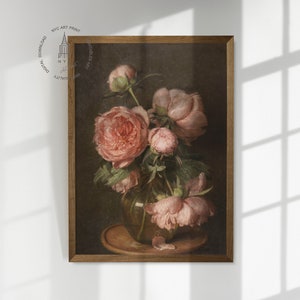 May include: A framed painting of a still life featuring a bouquet of pink peonies in a brown vase. The flowers are arranged in a vase on a table with a brown background.