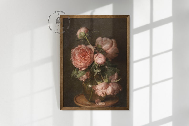 May include: A framed painting of a still life featuring a bouquet of pink peonies in a brown vase. The flowers are arranged in a vase on a table with a brown background.