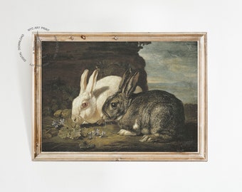 impression de lapin vintage, peinture antique de lapin, impression de Pâques vintage, impression de lapins, art mural imprimable lièvre, impression de deux lapins, RB04