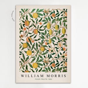 May include: A vintage botanical print featuring a repeating pattern of yellow lemons, orange peaches, and green leaves on a cream background. The print is titled "William Morris Four Fruits 1862".