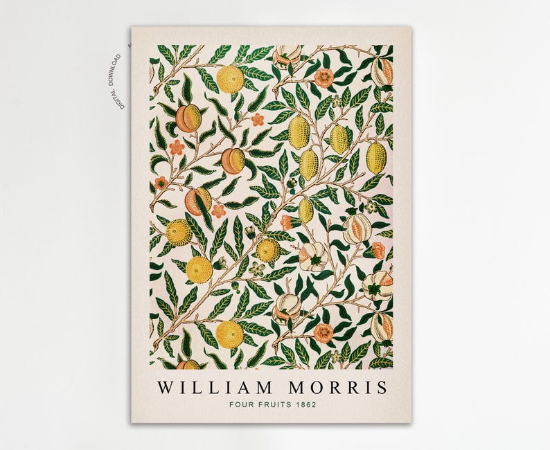 May include: A vintage botanical print featuring a repeating pattern of yellow lemons, orange peaches, and green leaves on a cream background. The print is titled "William Morris Four Fruits 1862".