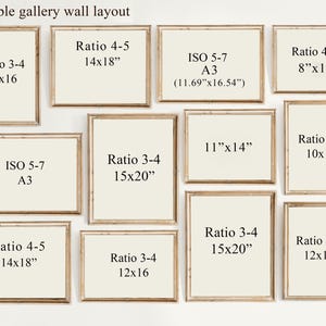 May include: Example gallery wall layout with various sized frames. The frames are all in a light wood color and have a white background. The frames are arranged in a grid pattern with the largest frame in the center. The frames are labeled with their dimensions and aspect ratios.