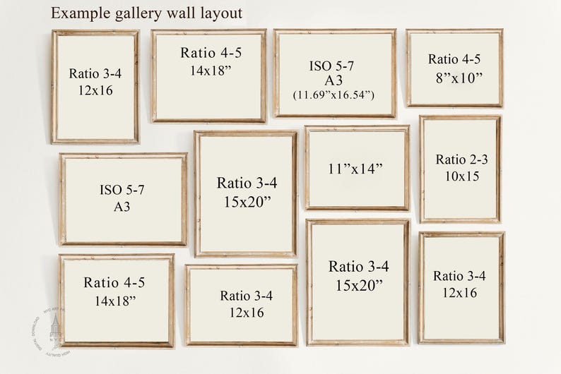 May include: Example gallery wall layout with various sized frames. The frames are all in a light wood color and have a white background. The frames are arranged in a grid pattern with the largest frame in the center. The frames are labeled with their dimensions and aspect ratios.