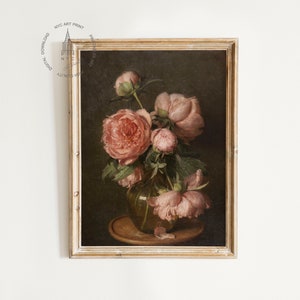 May include: A framed painting of a bouquet of pink peonies in a vase on a wooden table. The background is a dark brown.