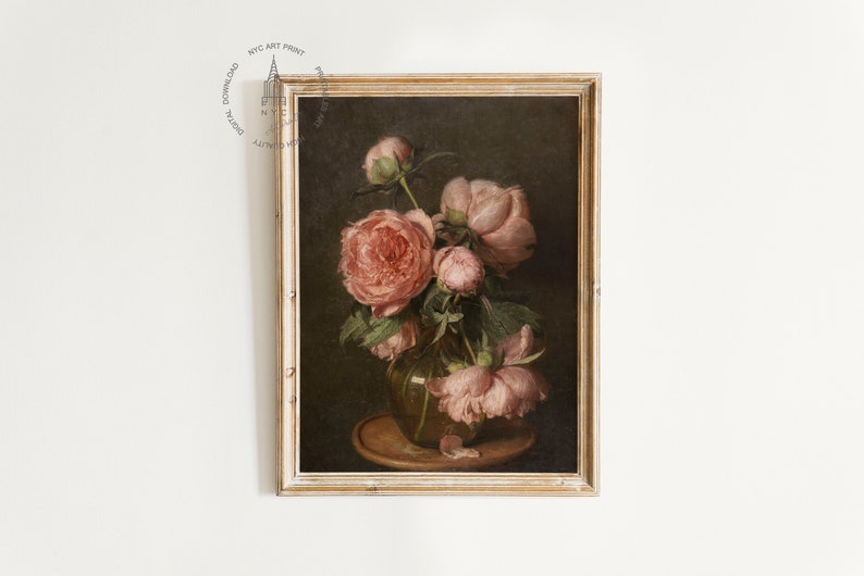 May include: A framed painting of a bouquet of pink peonies in a vase on a wooden table. The background is a dark brown.