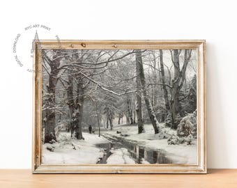 Vintage winterprint, kerst afdrukbare muurkunst, winterdecor, besneeuwd winterlandschap, schilderij vorst in een beukenbos