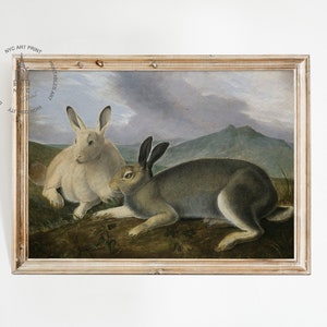 Puede incluir: Una pintura vintage de dos liebres de raquetas de nieve, una blanca y otra gris, sentadas en un campo de hierba con una montaña en el fondo. La pintura está enmarcada en un marco de madera claro.