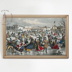 Vintage Central Park Art Print, Central Park in Winter Painting, New York Print, Central Park NYC Print, Winter Decor, The Skating Pond