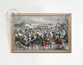 May include: A vintage illustration showing a busy outdoor ice skating rink. People of all ages are skating, laughing, and enjoying the winter weather. The scene is set in a park with trees and a bridge in the background. The illustration is done in a colourful style with detailed clothing and facial expressions.