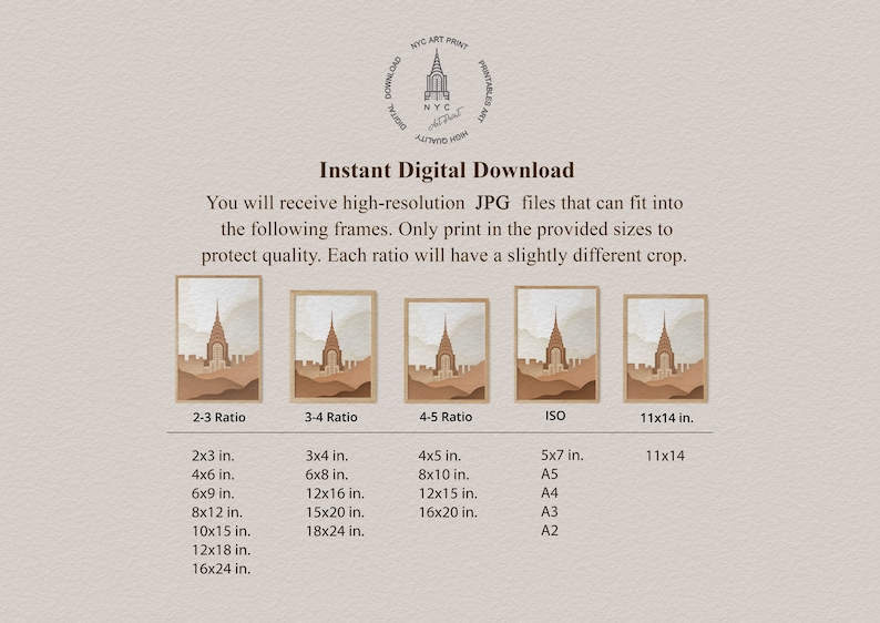 May include: A digital download of a printable art print featuring a cityscape with a tall building in the center. The print is available in various sizes and aspect ratios, including 2:3, 3:4, 4:5, ISO, and 11x14 inches.
