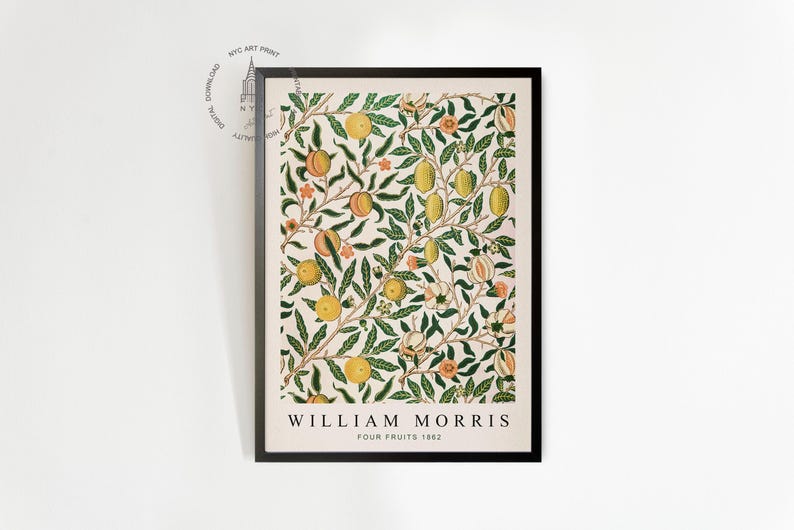 May include: A vintage botanical print featuring a repeating pattern of green leaves, pink flowers, and yellow and orange fruits. The print is framed in black and has the text "William Morris Four Fruits 1863" at the bottom.