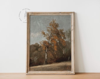 May include: A framed painting of a landscape with a single tree in the center. The tree has orange and yellow leaves and is set against a backdrop of a blue sky and green trees.