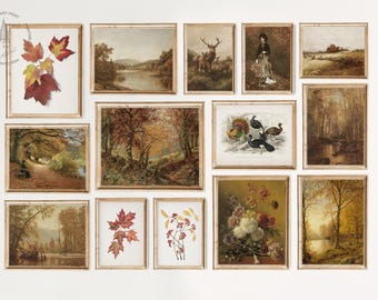May include: A gallery wall of 10 framed prints with autumnal themes. The prints feature fall foliage, landscapes, animals, and still life arrangements. The frames are all a light wood color.