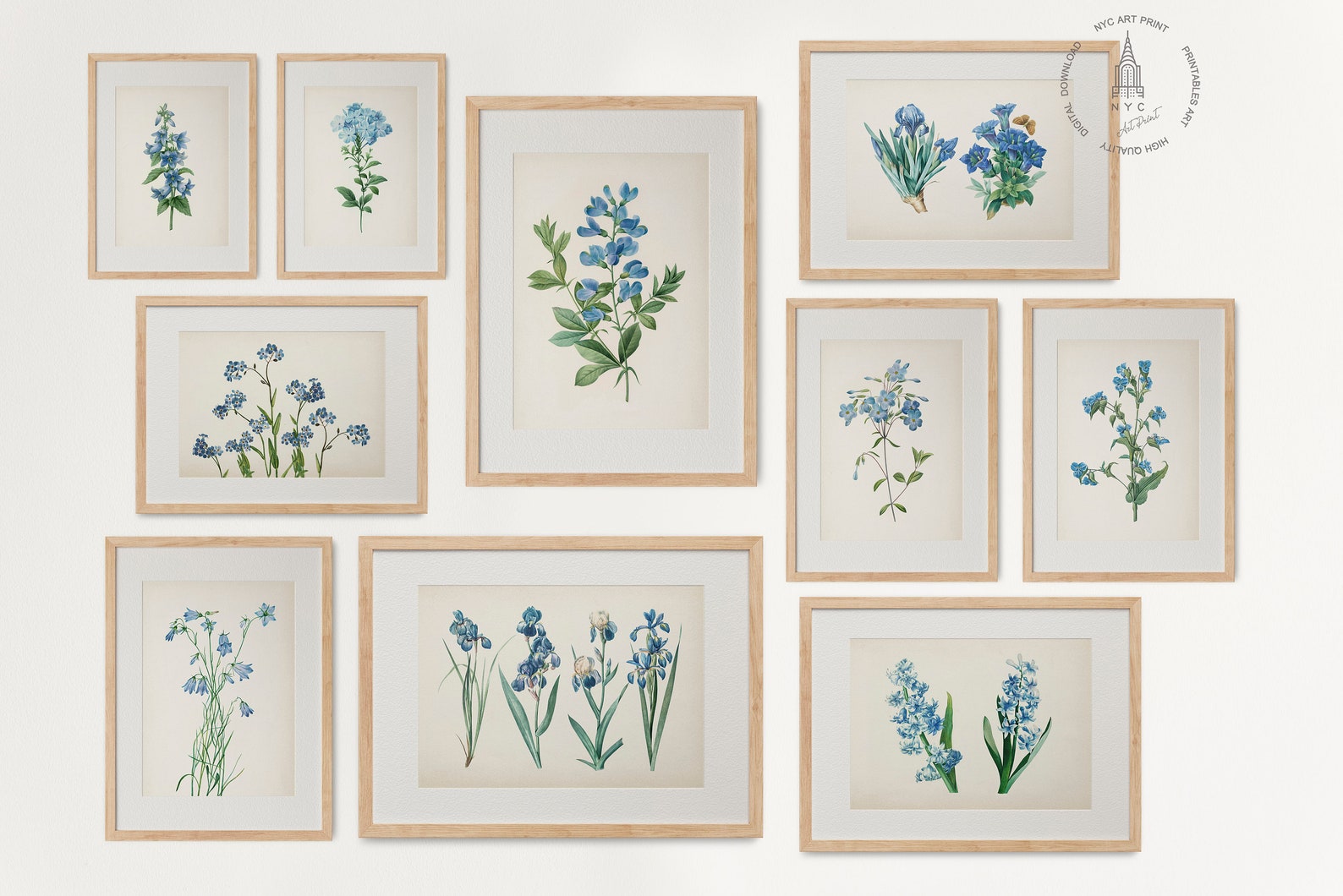 Vintage Botanical Prints Gallery Wall Set of 10, Blue Floral Poster ...