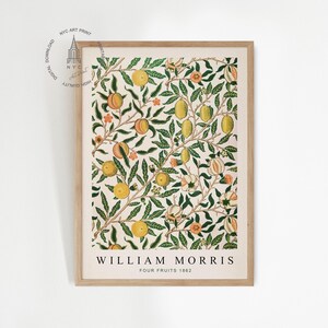 May include: A framed print of a vintage botanical illustration featuring a repeating pattern of green leaves, orange and yellow fruits, and white flowers. The print is titled "William Morris Four Fruits 1863".