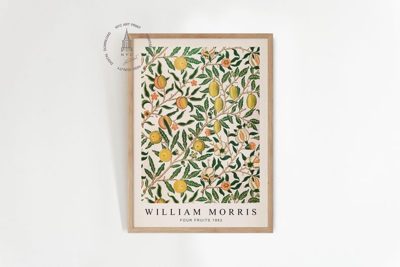 May include: A framed print of a vintage botanical illustration featuring a repeating pattern of green leaves, orange and yellow fruits, and white flowers. The print is titled "William Morris Four Fruits 1863".