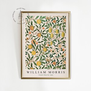 May include: A framed print of a vintage botanical illustration featuring a repeating pattern of green leaves, pink flowers, and yellow and orange fruits. The print is titled "William Morris Four Fruits 1862".