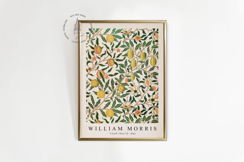 May include: A framed print of a vintage botanical illustration featuring a repeating pattern of green leaves, pink flowers, and yellow and orange fruits. The print is titled "William Morris Four Fruits 1862".