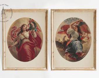 Conjunto de 2 pôsteres patrióticos, Lady Liberty e Union, de Constantino Brumidi, impressão americana, arte de parede patriótica dos EUA para impressão, história americana
