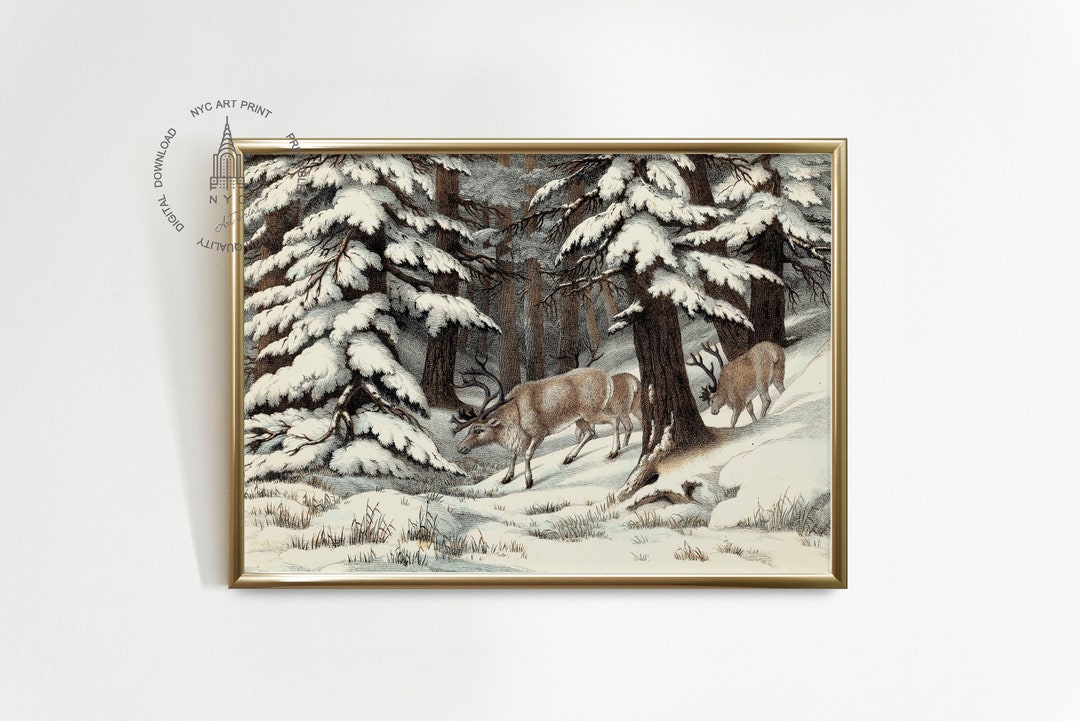 Christmas Print, Vintage Winter Scene Printable Wall Art, Winter Deer ...