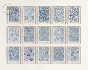 Set van 15 William Morris-posters voor aan de muur, William Morris-poster, botanische muurdecoratie, print in stoffige blauwe tint WM08