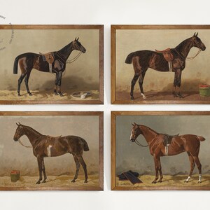 Puede incluir: Conjunto de cuatro estampas vintage que representan caballos marrones con sillas de montar y bridas. Cada estampa est&aacute; enmarcada en un marco de madera sencillo y presenta un fondo marr&oacute;n claro.