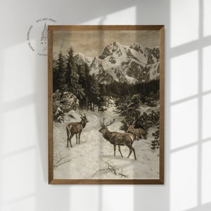 May include: A vintage illustration of three deer standing in a snowy forest with a mountain range in the background. The deer are brown and have antlers. The forest is made up of pine trees and the snow is white.