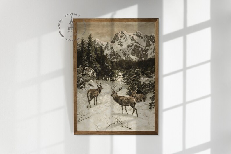 May include: A vintage illustration of three deer standing in a snowy forest with a mountain range in the background. The deer are brown and have antlers. The forest is made up of pine trees and the snow is white.