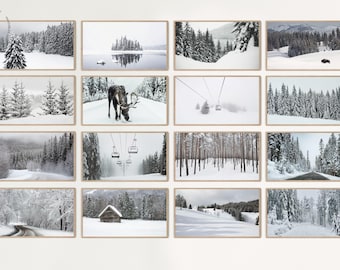 May include: A collection of framed landscape prints featuring winter scenes. The images depict snow-covered forests, mountains, lakes, and roads. Some prints show ski lifts, a moose, and a small cabin. The color palette is primarily black, white, and shades of gray.