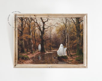 May include: A vintage painting of a forest scene with three white ghosts in the foreground. The forest is filled with trees and a stream of water. The painting is framed in a wooden frame.
