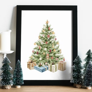 May include: A watercolor painting of a Christmas tree decorated with ornaments and presents. The tree is green with red, gold, and white ornaments. The presents are wrapped in brown paper with red and white ribbon.