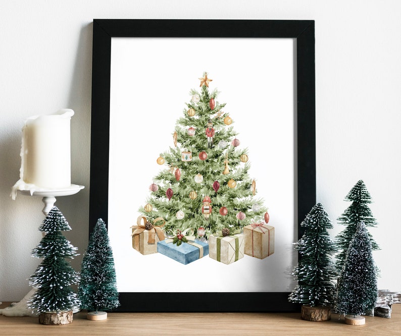 May include: A watercolor painting of a Christmas tree decorated with ornaments and presents. The tree is green with red, gold, and white ornaments. The presents are wrapped in brown paper with red and white ribbon.