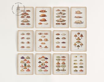 Set de 12 láminas vintage de comida para la pared, láminas de comida, tabla de alimentos, lámina culinaria, póster vintage de comida, decoración retro para la cocina, arte culinario