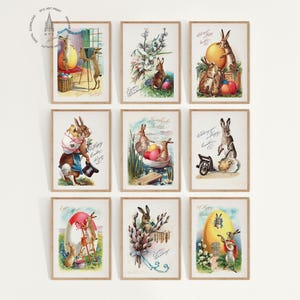 Set di 9 stampe murali vintage di Pasqua, stampe murali stampabili di primavera, stampe pasquali, cartoline di auguri pasquali, stampe primaverili, poster pasquali, EG2