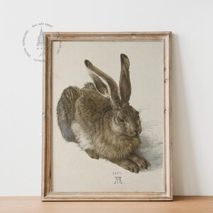 May include: A framed print of a brown hare, depicted in a realistic style. The hare is lying down with its head turned to the side. The print is in a light brown wooden frame and has the year 1502 and the letter A printed in the bottom center.