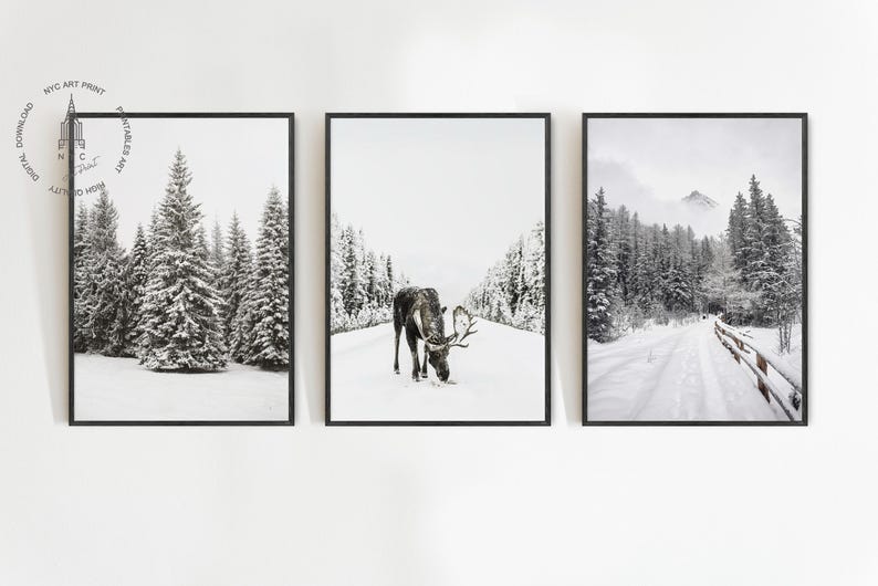 May include: Set of three framed black and white winter landscape prints. One print features a forest of snow-covered evergreen trees. Another shows a reindeer in a snowy path. The third print depicts a snow-covered road and mountain.