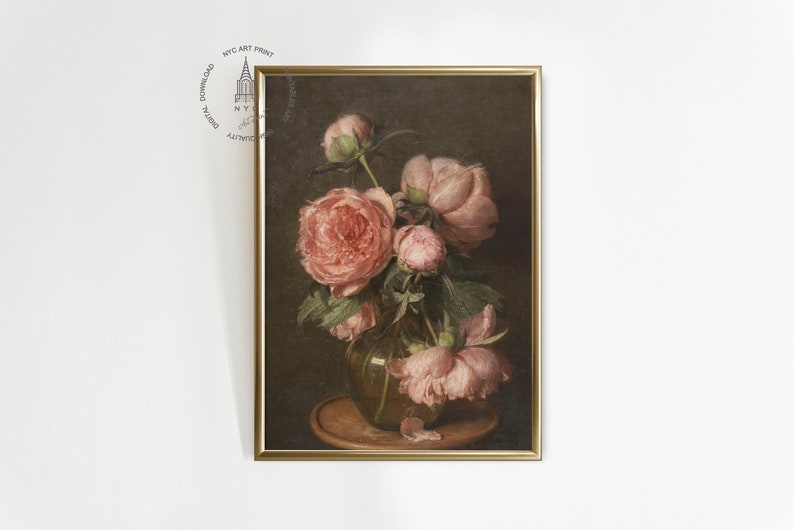 May include: A painting of a bouquet of pink peonies in a vase. The flowers are arranged in a vase with a dark green background. The painting is framed in a gold frame.