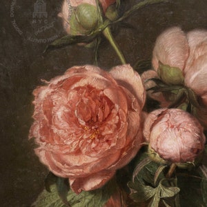 May include: A painting of a bouquet of pink peonies with green leaves against a dark background.