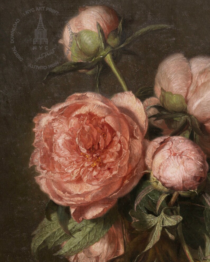 May include: A painting of a bouquet of pink peonies with green leaves against a dark background.