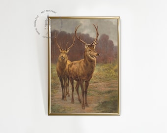 May include: A framed vintage painting depicting two deer in a woodland scene. The deer feature prominent antlers and stand in a field of grass and foliage. The artwork is presented in a gold frame with a subdued colour scheme.