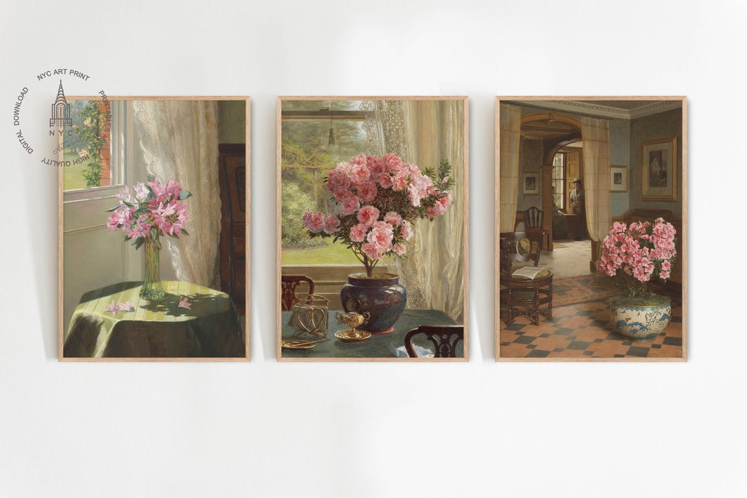 Vintage Pink Floral Wall Art Prints, Set of 3, Flower Still Life ...