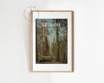 Plakat z Parku Narodowego Sekwoi, Wydruk z Parków Narodowych w Stylu Vintage, Malarstwo Grizzly Giant z Parku Narodowego Sekwoi, Plakat z Kalifornii