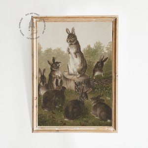 Vintage konijnenprint, antiek konijn schilderij, paasprint, konijnenprint, afdrukbare muurkunst konijnen, paasdecor, Haas in Meadow RB01