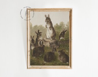 impression de lapin vintage, peinture antique de lapin, impression de Pâques, impression de lapins, art mural imprimable lapins, décoration de Pâques, lièvre dans un pré RB01